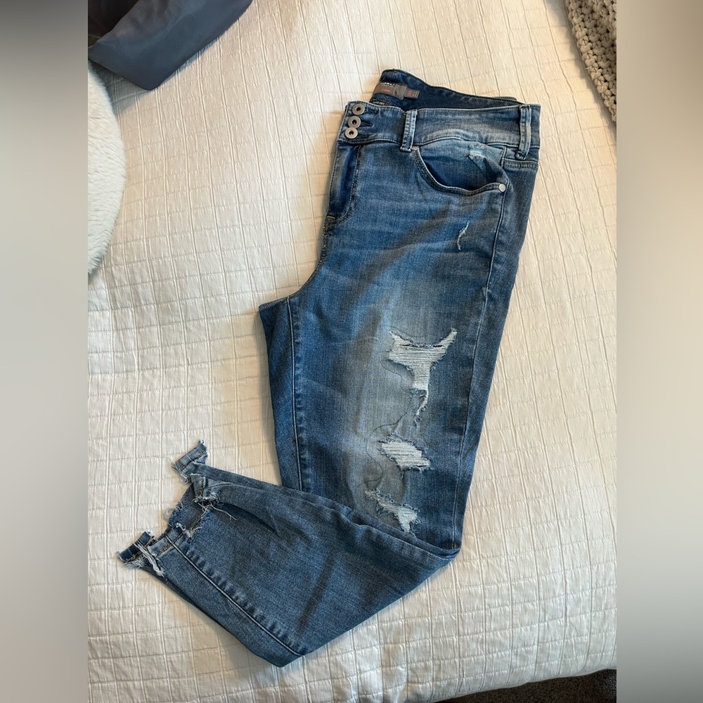 Torrid Blue Jeggings with Raw Hem and Distressed Accents